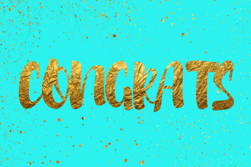 The image features the word "CONGRATS" written in large, textured gold letters against a bright teal background with scattered gold splashes, celebrating the 2021 IACAC Scholarship Winners.