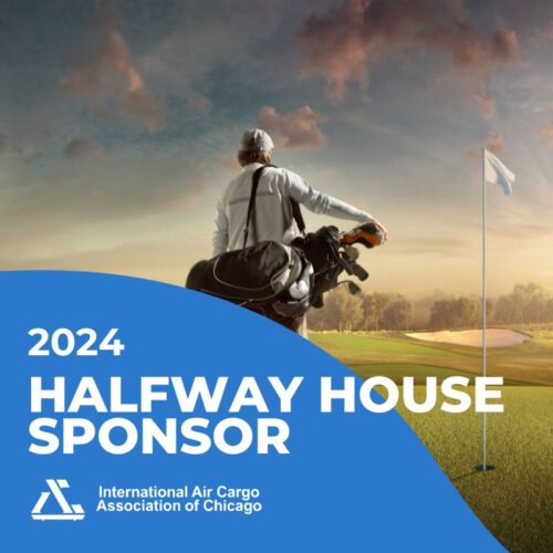 Join us for the 2024 Golf Outing: Foursome, sponsored by the International Air Cargo Association of Chicago. The advertisement features a golfer carrying a bag of clubs, looking towards a flagstick on a golf course under a dramatic sky. The organization's logo is in the bottom left corner.