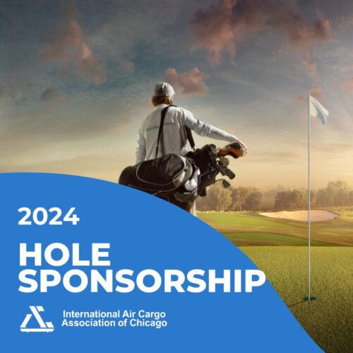 A golfer carries a golf bag while gazing at a flag on a golf course under a cloudy sky. Text reads "2024 Hole Sponsorship" and "2024 Golf Outing: Foursome" next to the logo of the International Air Cargo Association of Chicago.
