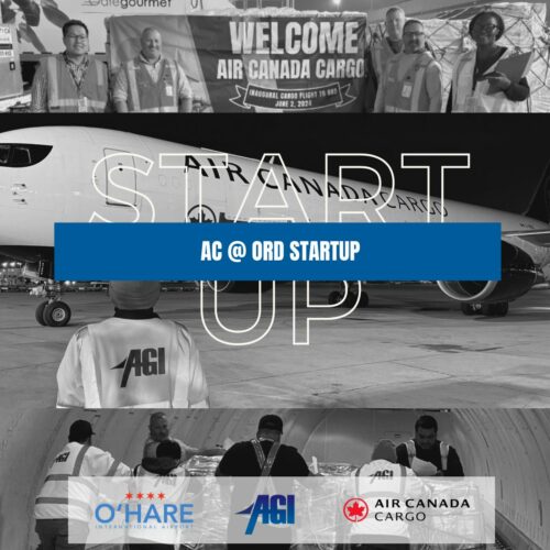 A black and white collage shows Air Canada Cargo’s June startup celebration at O'Hare International Airport. Banners, a cargo plane, and personnel working with cargo are visible. Logos include O'Hare International Airport, AGI, and Air Canada Cargo. Text reads "AC @ ORD STARTUP." Featured in Air Cargo News in Chicago.