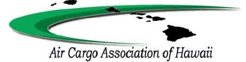 Logo of the Air Cargo Association of Hawaii. It features a green curved swoosh, stylized depictions of the Hawaiian Islands, and the association's name written below the swoosh.