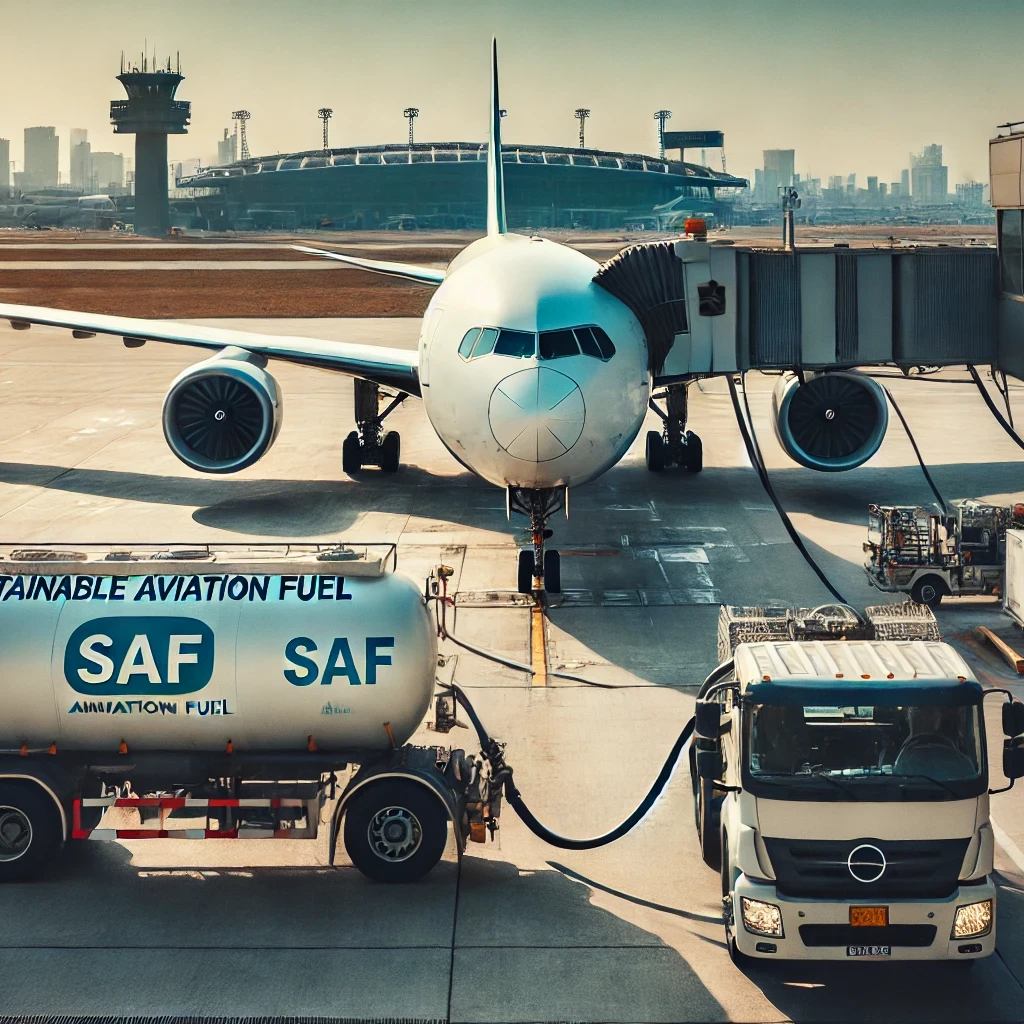 An airplane on the tarmac is being refueled with SAF from a fuel truck. Ground support vehicles and workers are visible around the plane. Airport terminals and the city skyline are in the background under a clear sky.