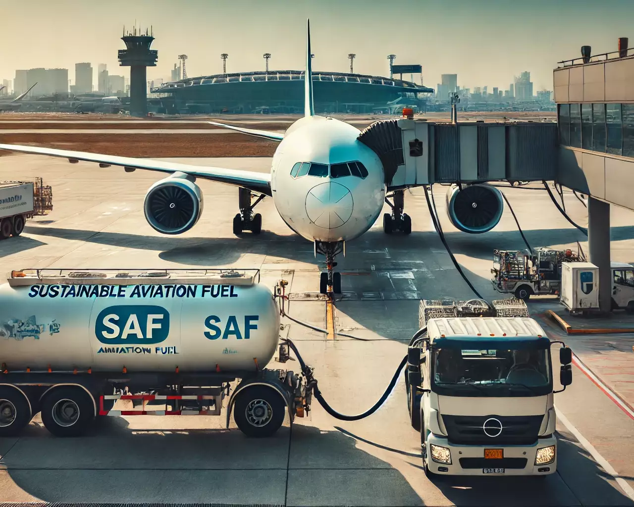 An airplane on the tarmac is being refueled with SAF from a fuel truck. Ground support vehicles and workers are visible around the plane. Airport terminals and the city skyline are in the background under a clear sky.