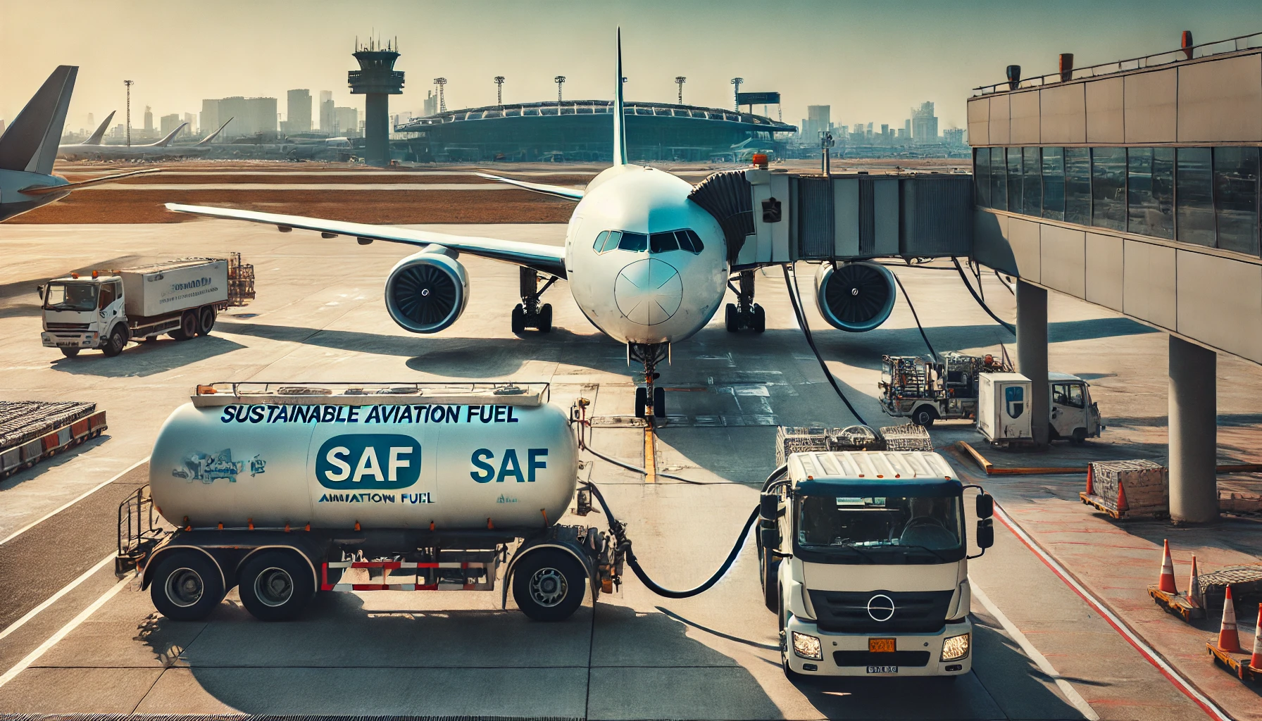 An airplane on the tarmac is being refueled with SAF from a fuel truck. Ground support vehicles and workers are visible around the plane. Airport terminals and the city skyline are in the background under a clear sky.