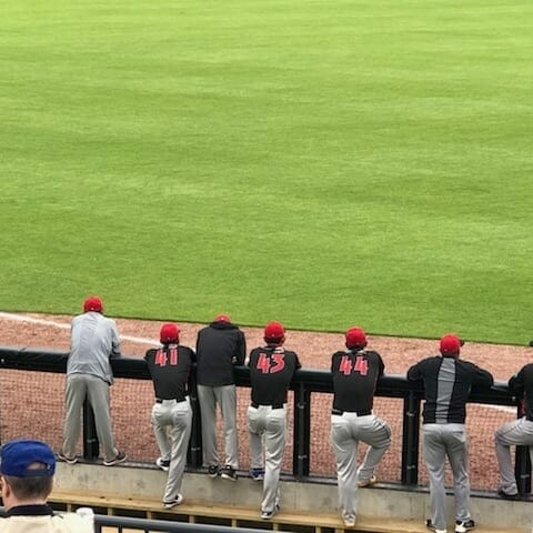 Six baseball players in black jerseys, grey pants, and red hats stand at the fence during the 2018 IACAC Baseball Networking Event, watching the game on the field. Their jerseys display numbers, and they appear to be waiting for their turn to play. A person in a blue hat is seen in the foreground holding a phone.