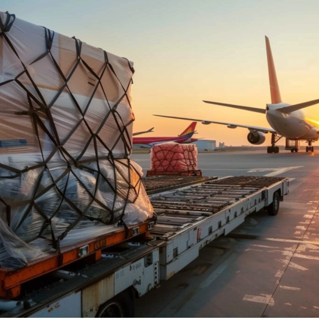 Stacks of cargo, wrapped in protective plastic and secured with netting, are loaded onto a trolley at an airport as the sun sets. An airplane, poised for the air freight industry, is parked nearby on the tarmac, ready for departure. Airport personnel and vehicles are visible in the background.