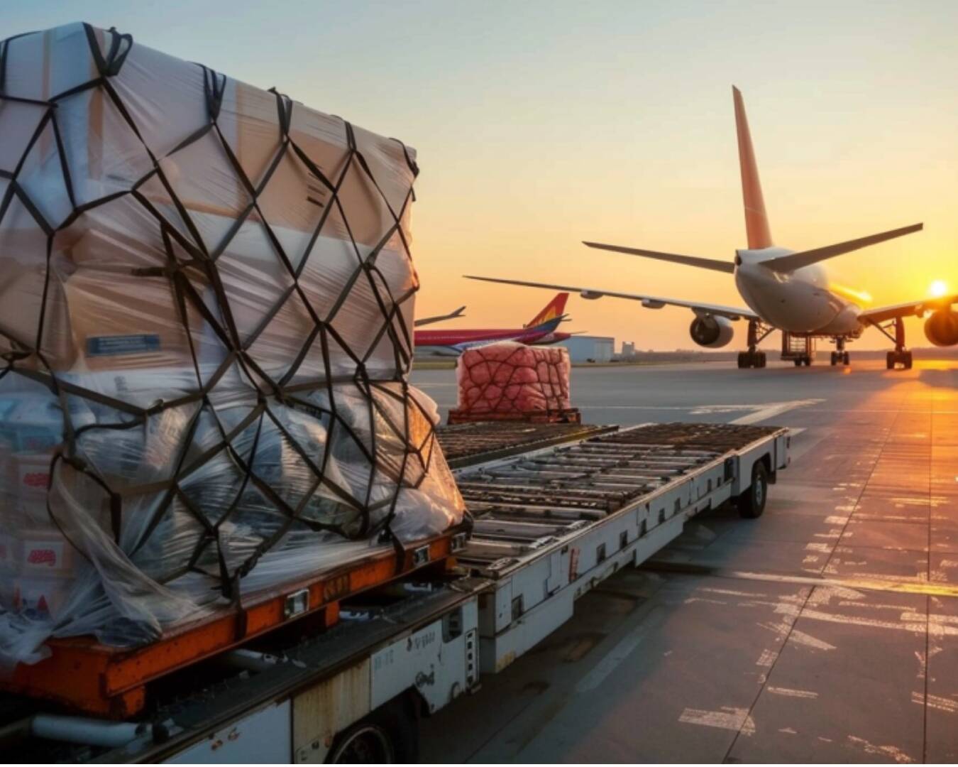 Stacks of cargo, wrapped in protective plastic and secured with netting, are loaded onto a trolley at an airport as the sun sets. An airplane, poised for the air freight industry, is parked nearby on the tarmac, ready for departure. Airport personnel and vehicles are visible in the background.