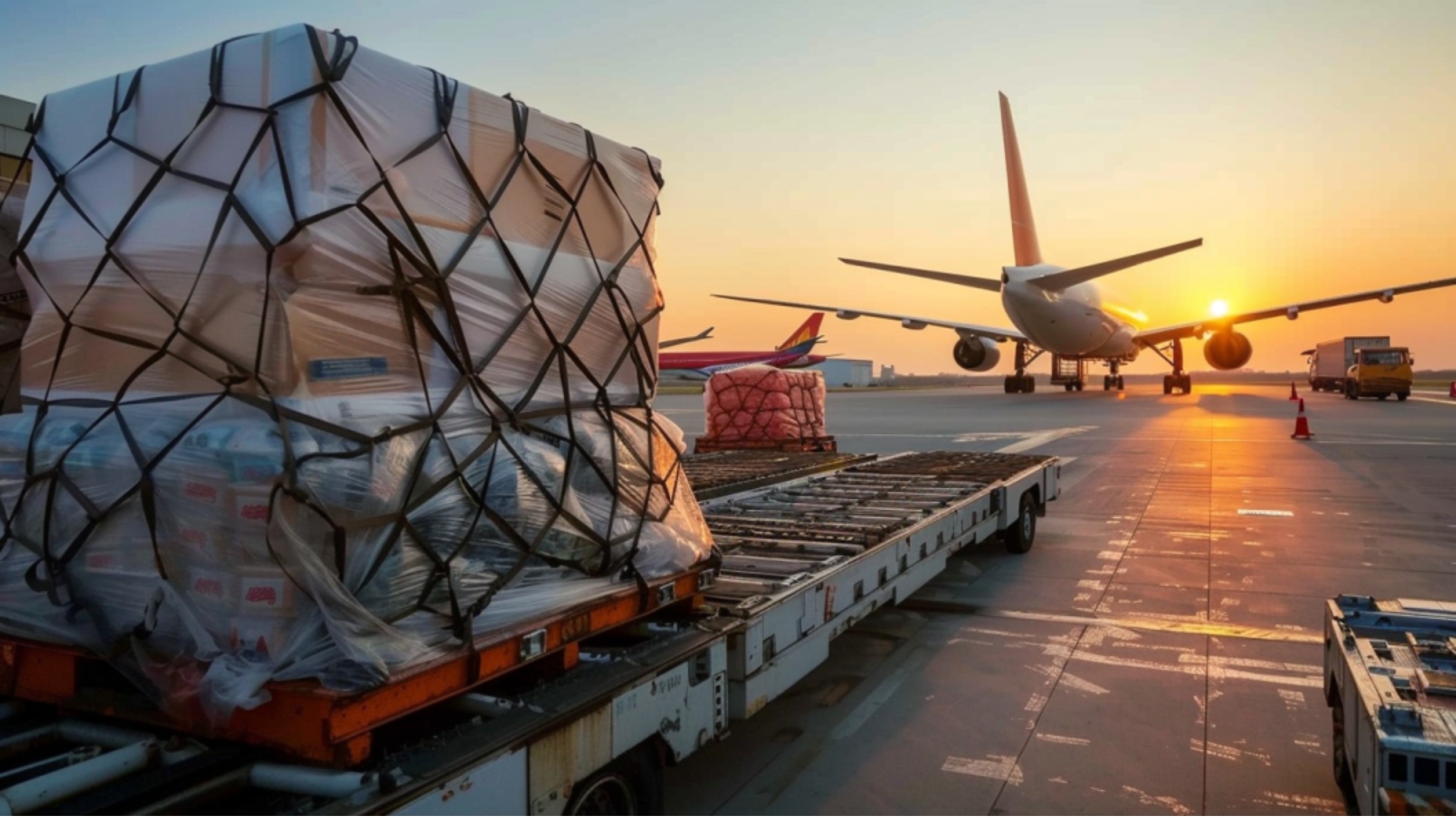 Stacks of cargo, wrapped in protective plastic and secured with netting, are loaded onto a trolley at an airport as the sun sets. An airplane, poised for the air freight industry, is parked nearby on the tarmac, ready for departure. Airport personnel and vehicles are visible in the background.