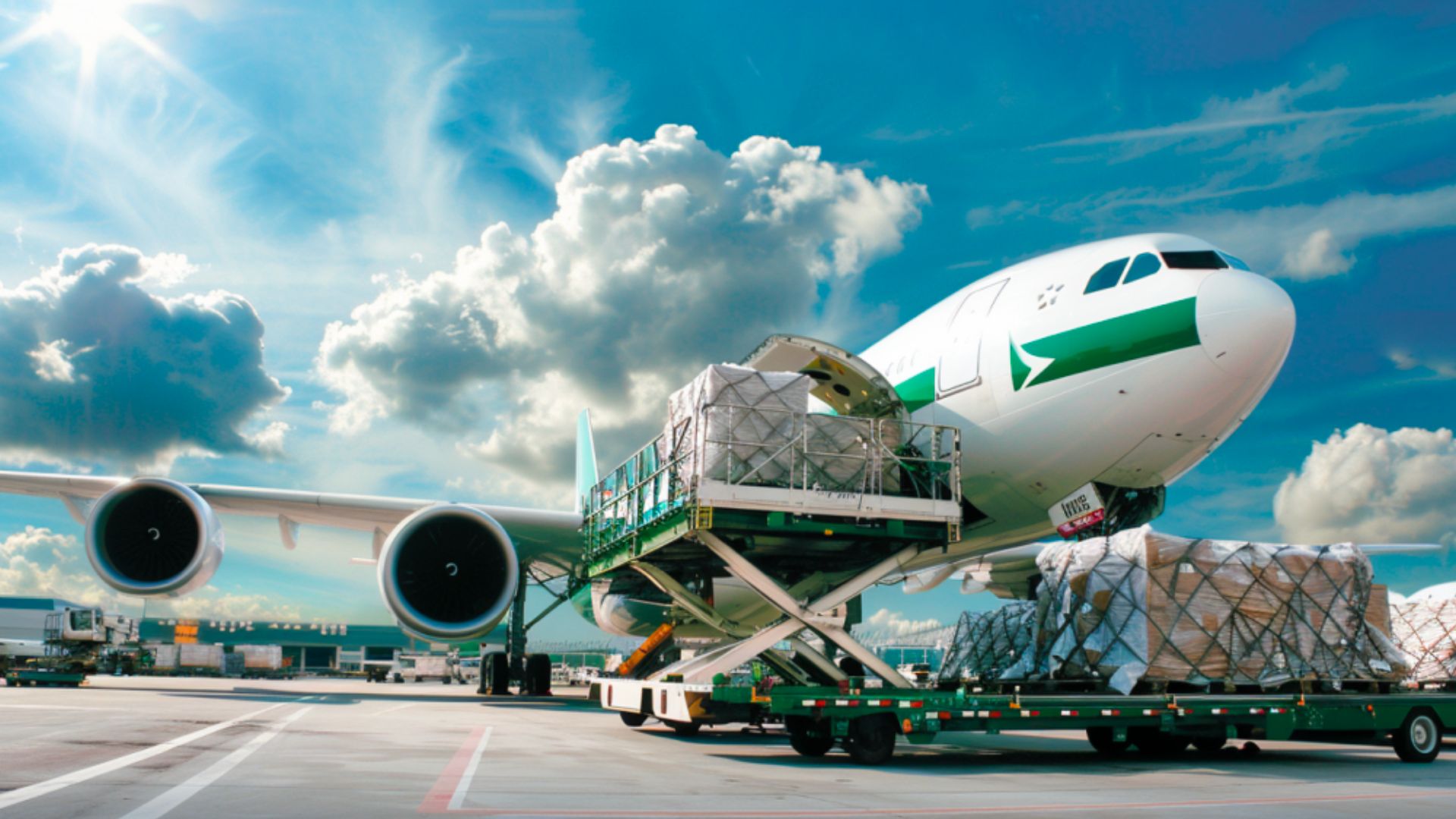 A cargo plane is being loaded with large bundles of goods at the airport, highlighting the efficiency of air cargo operations. The bundles, secured with nets, are transferred from a green and white loading vehicle. The sky is bright with scattered clouds in the background, suggesting a greener horizon ahead.