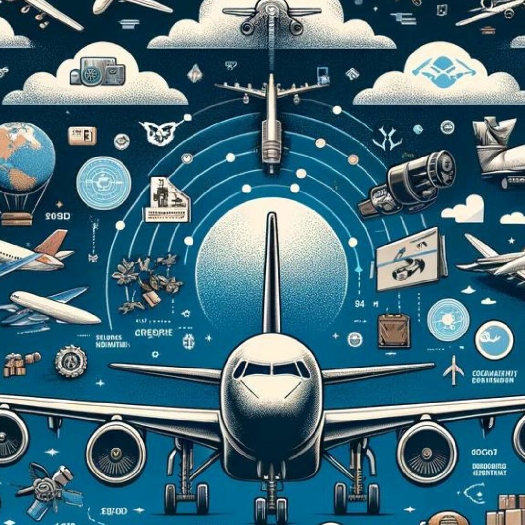 Illustration depicting aviation logistics. A large airplane dominates the center, surrounded by various related icons such as clouds, cargo, graphs, trucks, satellites, and global maps. This vibrant scene highlights the evolution of air cargo and its pivotal role in the interconnected world of transportation and logistics.