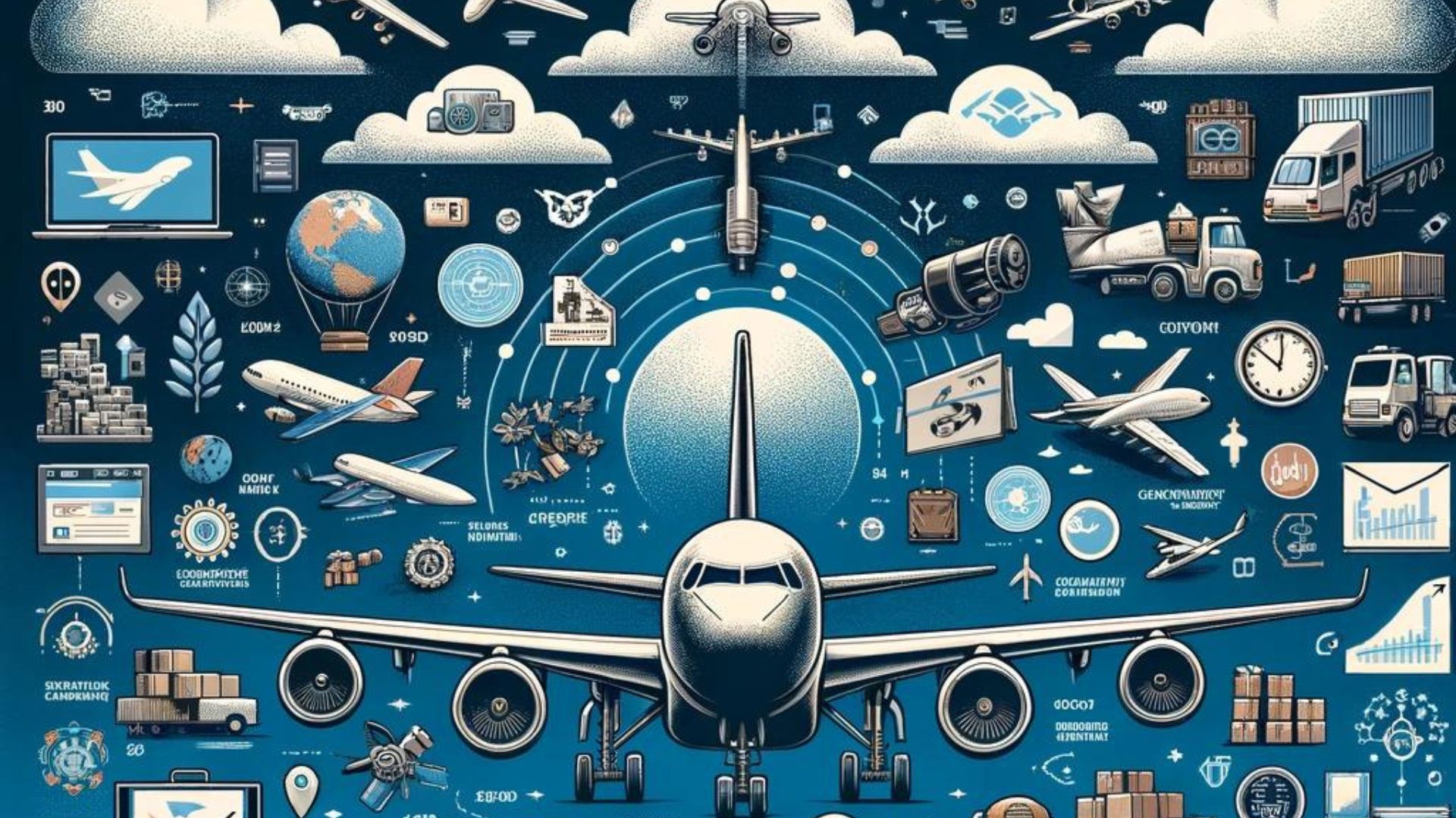Illustration depicting aviation logistics. A large airplane dominates the center, surrounded by various related icons such as clouds, cargo, graphs, trucks, satellites, and global maps. This vibrant scene highlights the evolution of air cargo and its pivotal role in the interconnected world of transportation and logistics.