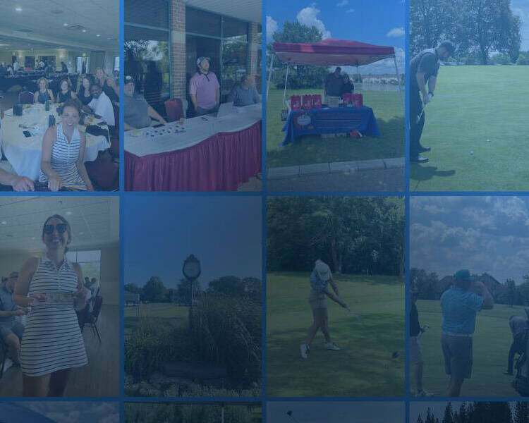 Collage of images depicting people at the 2024 IACAC Golf Outing. Photos include attendees at tables under a tent, someone signing in at a registration table, golfers in action, booths with promotional items, and people socializing inside an event space.