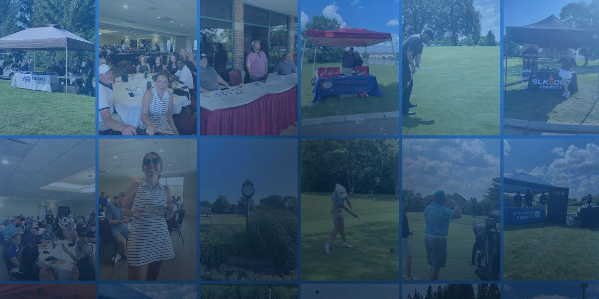 Collage of images depicting people at the 2024 IACAC Golf Outing. Photos include attendees at tables under a tent, someone signing in at a registration table, golfers in action, booths with promotional items, and people socializing inside an event space.