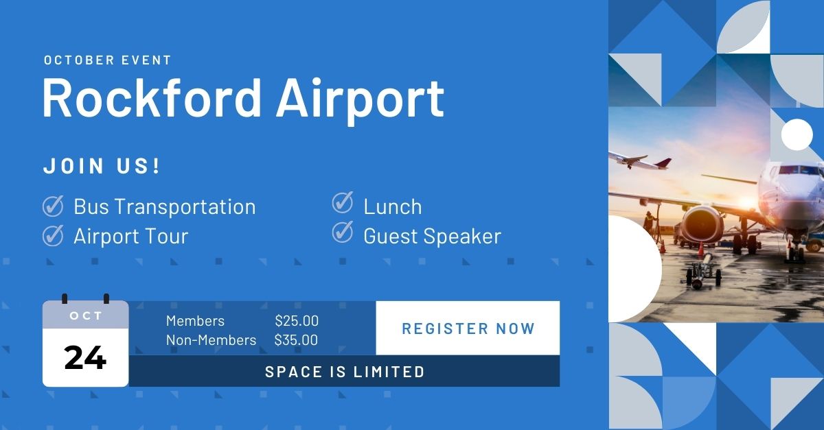 A promotional poster for an October event at Rockford Airport, featuring bus transportation, an airport tour, lunch, and a guest speaker. Pricing is $25 for members and $35 for non-members. The event date is October 24, and space is limited. The right side showcases an image of a home airplane scene at the airport.