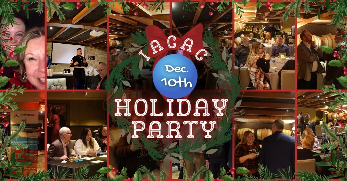 A festive collage showcases an annual holiday party, with people mingling and enjoying food at decorated tables. A central graphic reads "IAGAC Dec. 10th Holiday Party," framed by a wreath adorned with pine cones and holly.