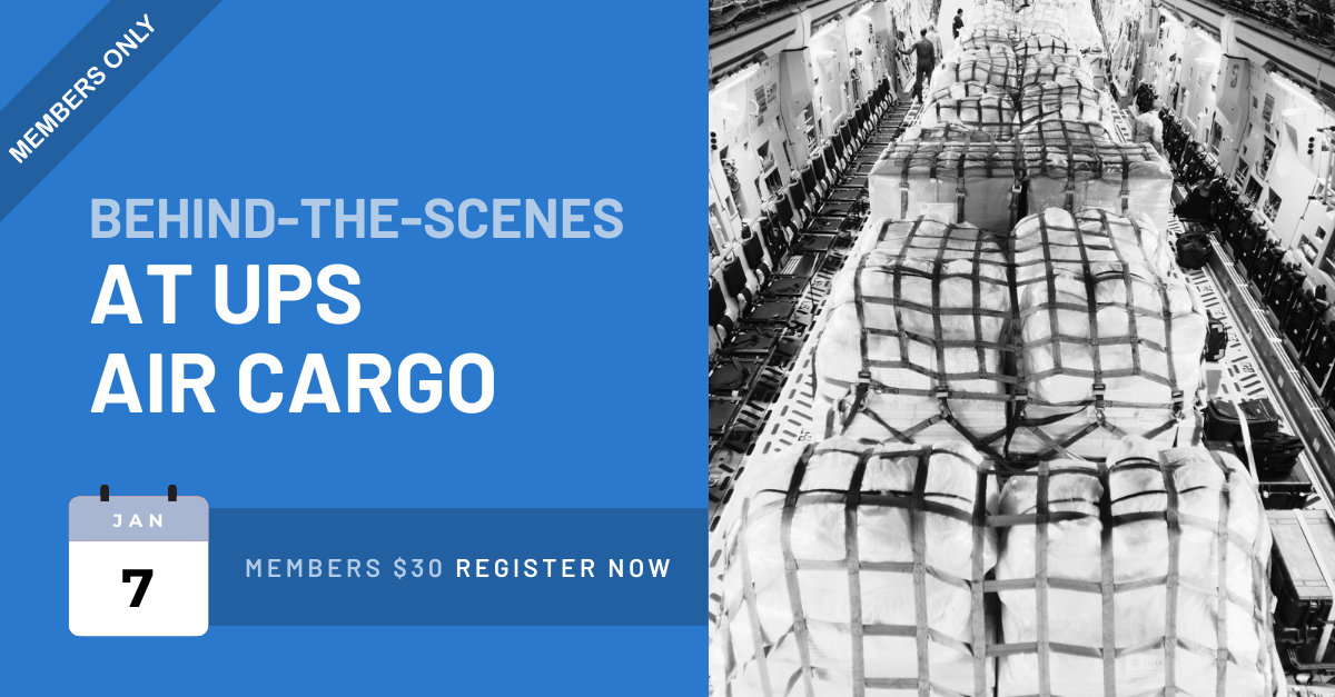 Explore the Members-Only Event with UPS Air Cargo! Our exclusive promotional image showcases netted cargo inside an aircraft. Discover the "Behind-the-Scenes at UPS Air Cargo" on Jan 7. Tickets for members are $30, so don't miss out—click "Register Now"!.