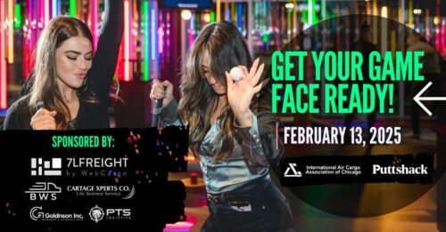 Two people are playfully posing with a mini-golf ball indoors at Puttshack Oakbrook, surrounded by colorful lights. Text reads, "Get Your Game Face Ready!" The date February 13, 2025, and sponsor logos including IACAC are prominently displayed.