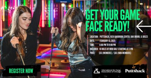 Two people enjoying mini-golf indoors at the IACAC event at Puttshack, located in Oakbrook Center, on February 18, 2025, from 6 PM to 9 PM. Tickets are $35 for members and $95 for non-members. Click the "Register Now" button to join the fun!.