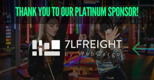 Two people engage in a lively game of miniature golf indoors. The text reads, "Thank you to our platinum sponsor!" with the "7L Freight by WebCargo" logo. The scene, filled with colorful lights and a festive spirit, subtly nods to Chicago's vibrant air cargo innovations on an international scale.